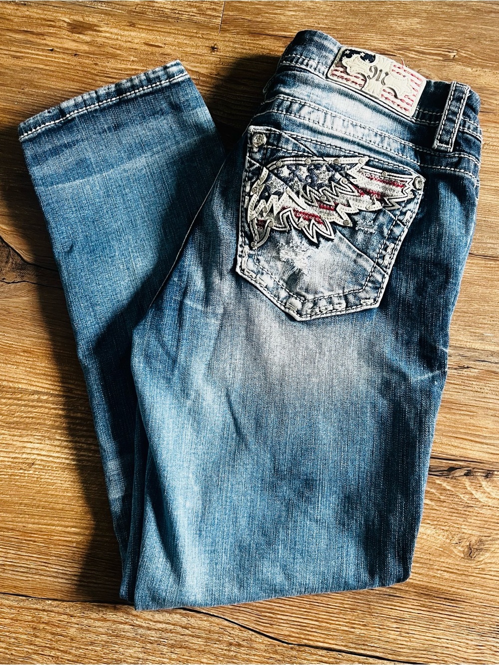 Miss Me Women’s Skinny Embroidered Wing Pocket Blue Jeans Inseam 26”